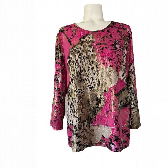 Vintage Tan Jay Petite Pink and Gold Animal Print Top PL Large - Picture 1 of 9